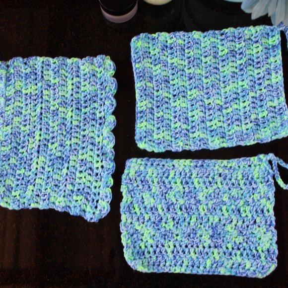 NEW 3 COTTON Washcloths Blue Green w/ Loop Hand Crafted Yarn - Picture 5 of 8